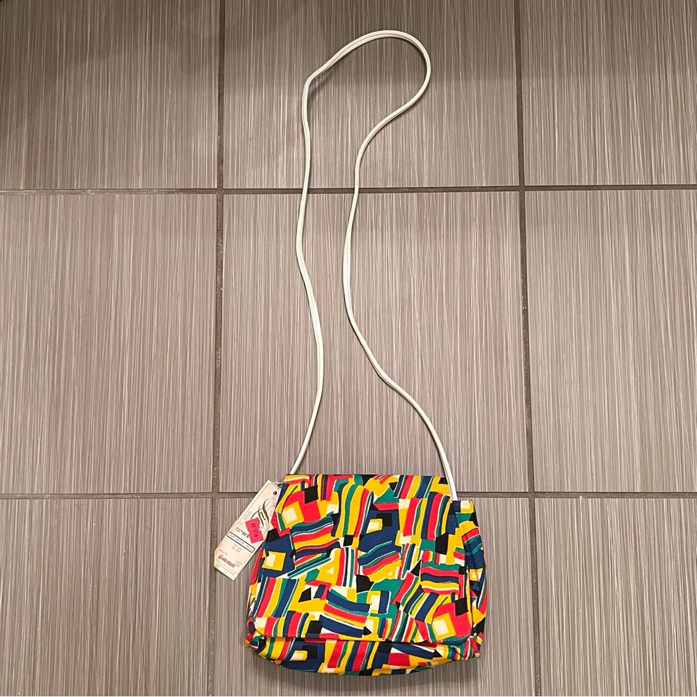 Vintage 80s Multicolor Crossbody Strap Purse Bag geometric NWT new satchel - Picture 3 of 10